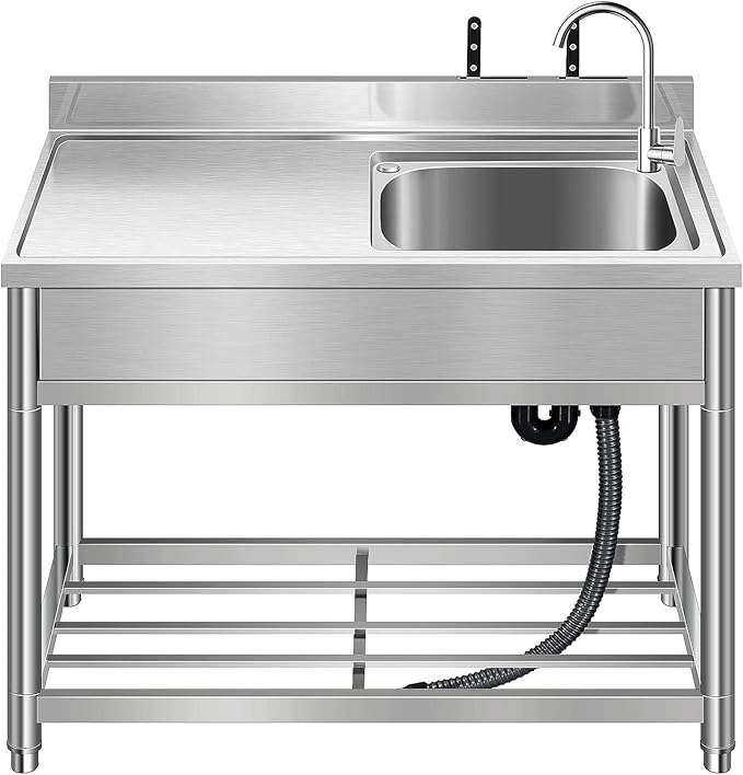 Free Standing Stainless-Steel Single Bowl Commercial Restaurant Kitchen Sink Set w/Faucet & Drainboard, Prep & Utility Washing Hand Basin w/Workbench & Storage Shelves Indoor Outdoor (39 in)