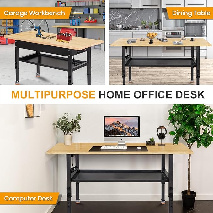48"/60'' Adjustable Workbench, Rubber Wood Top Work Bench Heavy-Duty Work Table w/Power Outlet, Partition,2000 LBS Load Capacity Work Benches for Garage, Workshop, Home, Office, Easy Assembly
