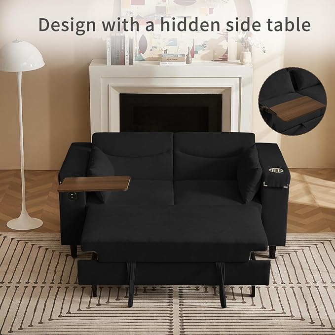 66" Multi-Functional Pull-Out Sofa Bed with Hidden Side Table, Storage Armrests, Built-in Charging Port, Spring Mattress, Solid Wood Frame – Ideal for Small Spaces, Easy Assembly