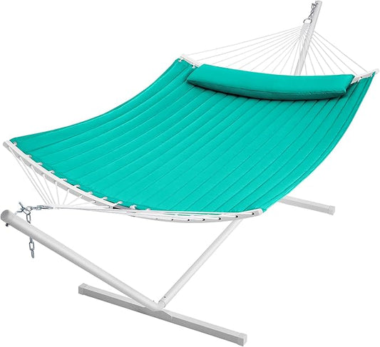 SUPERJARE Hammock with Stand, 2 Person Heavy Duty Hammock with Padded Cotton, Detachable Pillow & Strong Curved-Bar & Portable Carrying Bag, Perfect for Outdoor & Indoor, Turquoise