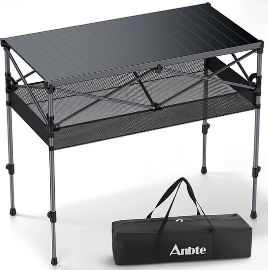 Camping Table Foldable, 2 Adjustable Height 34.2”, Large Roll Up Camping Table Support 264lbs with Storage Basket and Bag, Aluminum Outdoor Table, for Picnic Travel BBQ, 39.4” x 19.7”, Black