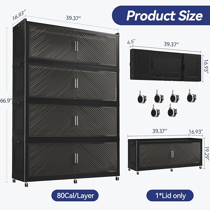 320GAL Extra Large Stackable Storage Bins with Lid, 1280QT Plastic Closet Organizer and Storage Cabinet with Wheels and Doors, Folding Storage Box Container for Home Organization, 4Pack Black