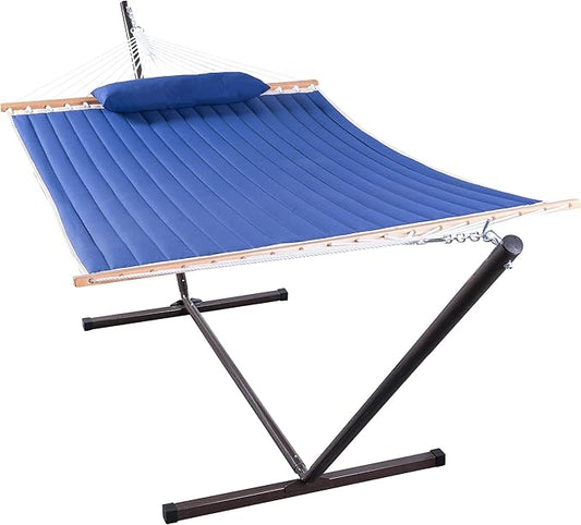 Lazy Daze Quilted Fabric Hammock with 12-Foot Stand, Double 2-Person Hammock with Pillow for Outdoor Outside Patio, Garden, Backyard, 450LB Capacity, Royal Blue
