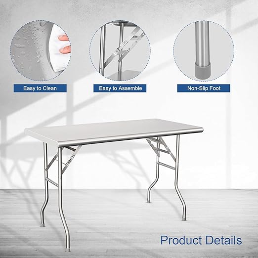 HARDURA Folding Stainless Steel Table 30X48 Inches with Legs NSF Commercial Portable Folding Prep Table for Restaurant Kitchen Home and Hotel