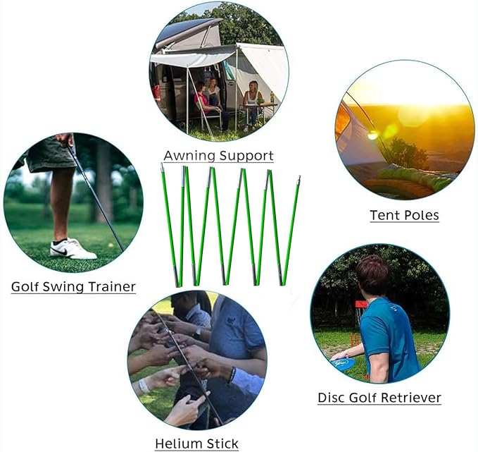 Tent Pole, Replacement Tent Pole, Telescopic Rod, Collapsible Green Fiberglass Poles with Metal Connectors ， 24 FT Long and 9.5 mm in Diameter， Universal Fit for Outdoor Tents （2 Pack ）