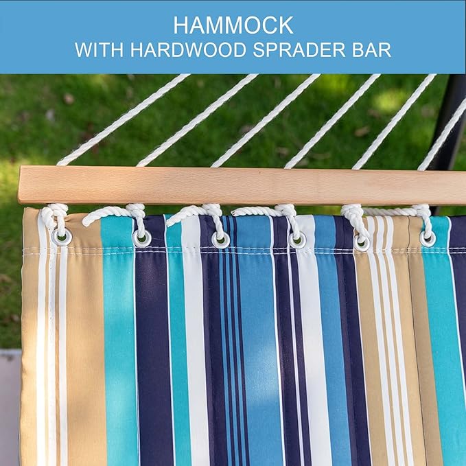 Lazy Daze Hammocks 12 FT Quilted Fabric Double Hammock with Spreader Bars and Detachable Pillow, 450 LBS Weight Capacity, Beaches Stripe