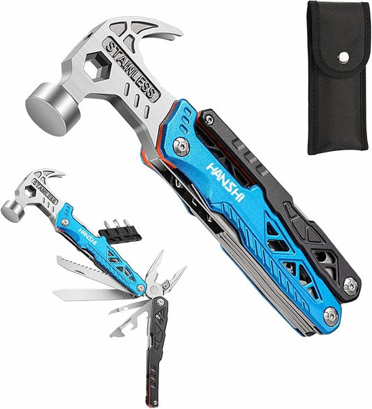 HANSHI Replaceable Wire Cutter Hammer Multitool with Nylon Sheath for Outdoor,Camping,Survival,Hiking,17 In 1 Pocket Multi Tool with Spring-Action Plier,Knife,Flint Rod,Safty Whistle for Gift