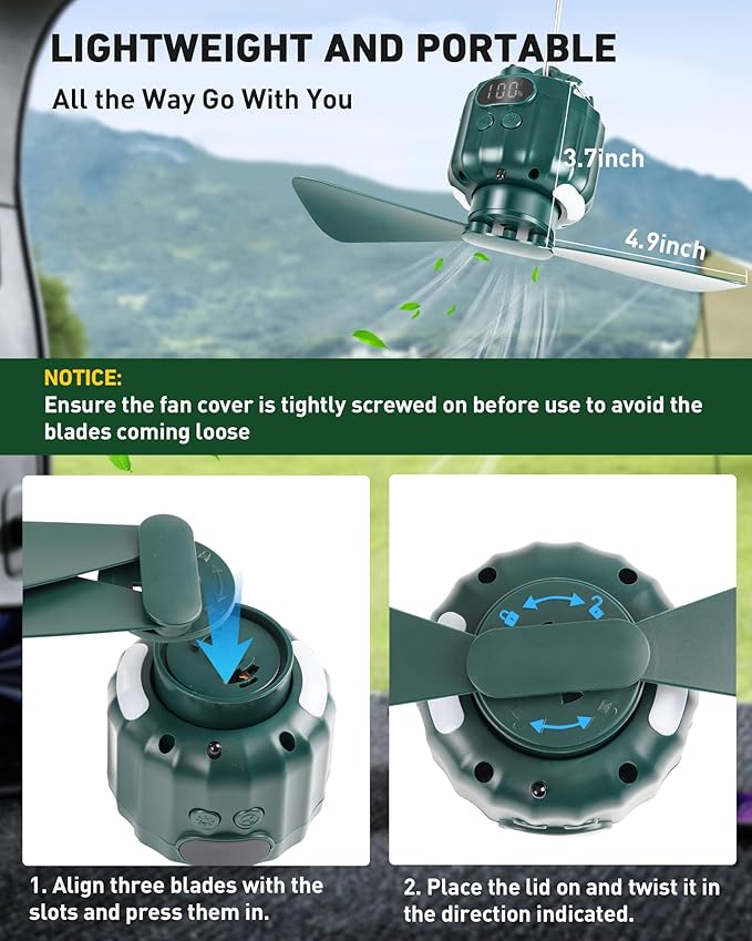 DUKUSEEK Portable Ceiling Fans with Remote Control, Power Bank, USB Battery Operated Camping Fan with Hanging Hook for Canopy Tents, Emergency Survival