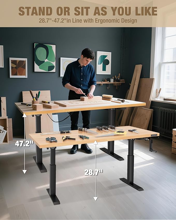 WORKPRO Adjustable Workbench with Crank Handle, 47.2" x 23.6" Rubber Wood Worktable 300LBS Load Capacity,Height-Adjustable Standing Desk for Workshop, Garage