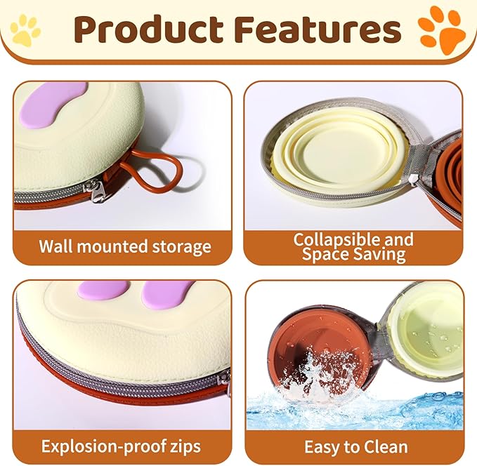 Collapsible Double Travel Dog Bowls -2 in 1 Portable Pet Food & Water Bowls with Zipper Case | Non-Skid Silicone Feeder for Camping, Hiking | Foldable Cat/Dog Bowl for Outdoor Enthusiasts & Travelers