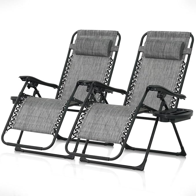 CAPHAUS Set of 2 Grey Zero Gravity Chair, Zero Gravity Recliner, Zero Gravity Lounge Chair, Anti-Gravity Chair for Indoor & Outdoor, Folding Reclining Chair w/Side Tray, Adjustable Pillow, Grey