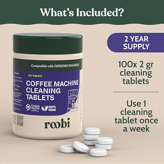 Roobi Espresso Machine Cleaning Tablets. Coffee Machine Cleaner Tabs. 100 Count Carbon Neutral Espresso Clean Pack.