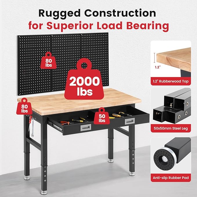 Work Bench for Garage 48 x 24 Inch Adjustable Height Workbenches with Drawers Heavy Duty Rubberwood Tabletop Work Table with Pegboard, Power Outlets for Office Home Commercial