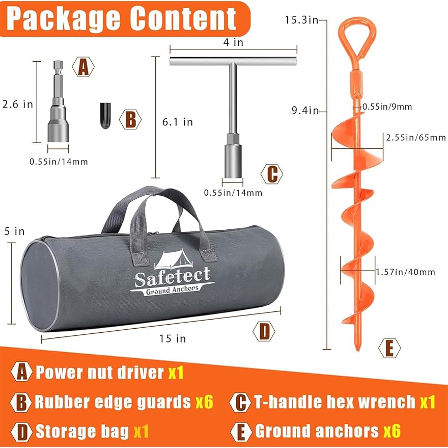 Ground Anchors Screw in 15 Inch, Heavy Duty Earth Anchor Stakes for Trampoline, Camping, Canopies, Tents, Securing Animals, Swing Set Anchors, 6 Pack Tent Stakes