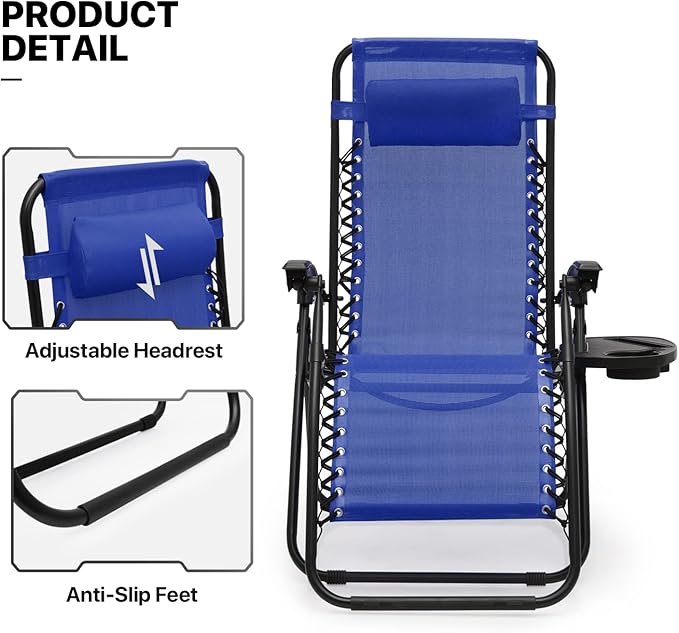 MoNiBloom 3 Pack Lounge Beach Chairs for Outside, Zero Gravity Camping Chairs with Side Table, Pillow and Tray, 330lbs Capacity, Blue