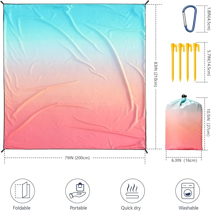 Beach Blanket Waterproof Sandproof Beach Mat 79" X 83"/10'x9'for 2-8 Adults Quick Drying Outdoor Picnic Mat Beach Accessories for Travel, Camping, Hiking