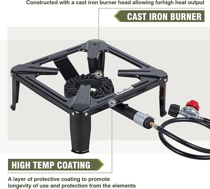 Bestfire High Pressure Propane Burner, 120000 BTU Single Propane Stove with 4.1ft 0-20Psi Adjustable Hose with Regulator, 16" Square Steel Cooktop for Camping
