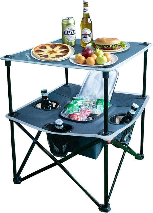 Folding Beach Table, Camping Table for Sand with Insulated Cooler Storage & 4 Cup Holders, Portable Pop Up Picnic Table, Lightweight Side Table for Outdoor
