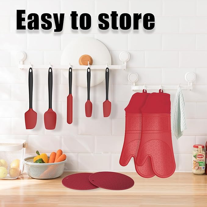Oven Mitts with Heat-Resistant Hot Pads and Five Silicone Spatulas Designed for Kitchen Baking Cooking, Oven Glove Soft Cotton Lining, Waterproof, BPA-Free (Red, 15.7)