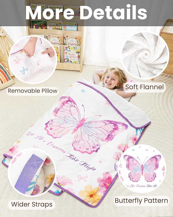 Primlect Toddler Nap Mat with Removable Pillow and Flannel Blanket, Portable Kids Sleeping Bag, Easy to Carry on The Go, Perfect for Daycare, Preschool, Boys and Girls, 12 Months - 6 Years