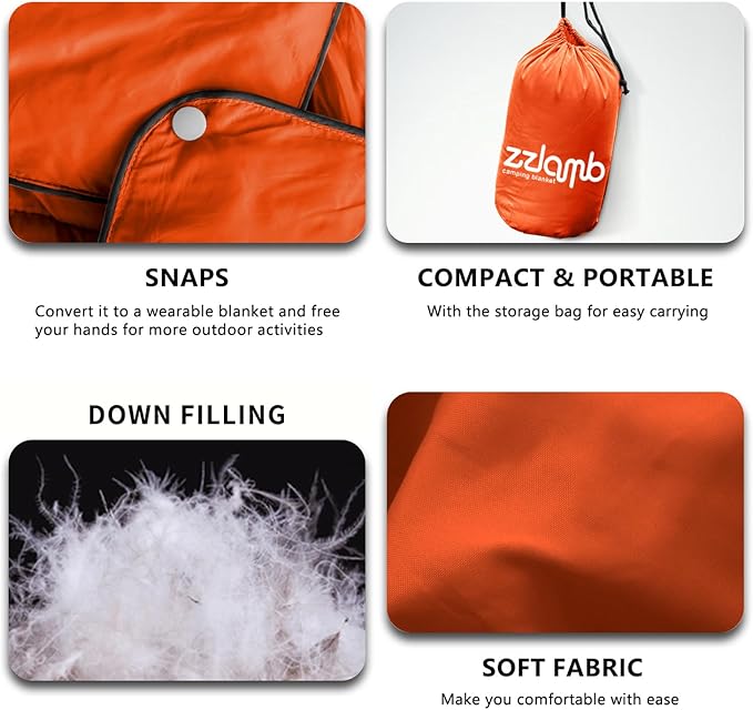 zzlamb Puffy Down Camping Blanket Water-Repellent, Down Throw Travel Blanket Portable for Outdoor, Light Warm Quilt for Couch Plane Car Theater Stadium Picnic RV Backpacking Hammock