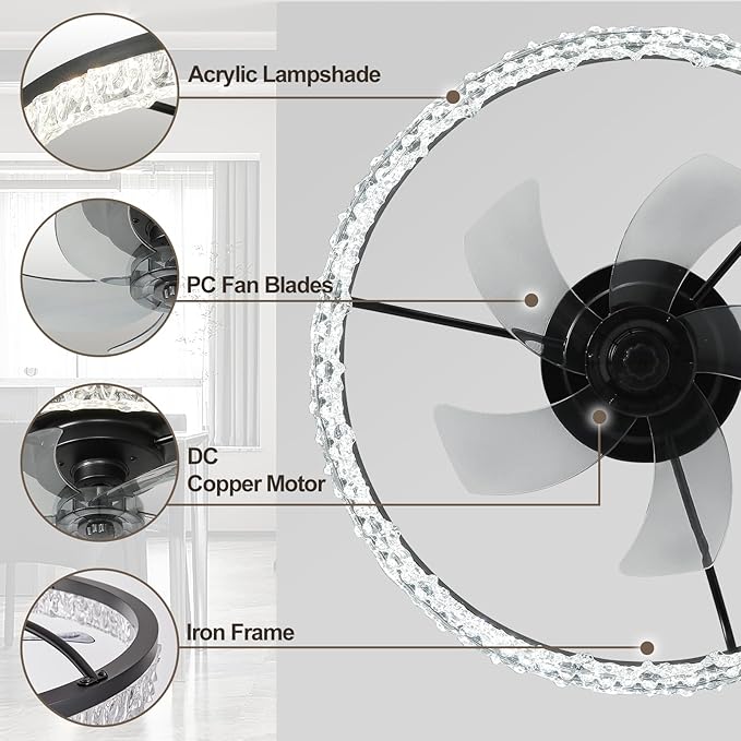 Ceiling Fans with Lights, 24 Inch Ceiling Fan with Light and Remote, Low Profile Reversible Fandelier Ceiling Fan, Dimmable LED, Flush Mount, Low Noise DC Motor, for Bedroom, Kitchen, Office