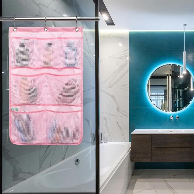 Hanging Mesh Shower Caddy for Bathroom - Quick Drying Portable Shower Organizer with Multiple Pockets for Soap,Shampoo and Cruise Ship Essentials Saving Bathroom Storage,Pink,1 Pack