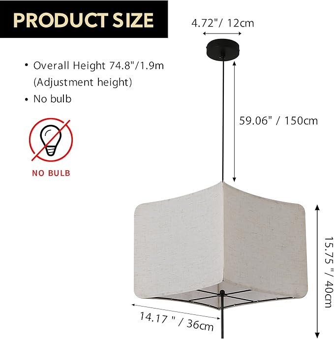 Modern Square Linen Fabric Pendant Light - 74.8??x 14.17??x 14.17?? Adjustable Hanging Light Fixture, E26 Socket (No Bulbs), Minimalist, for Kitchen, Dining Room, Bedroom, Living Room,Corner