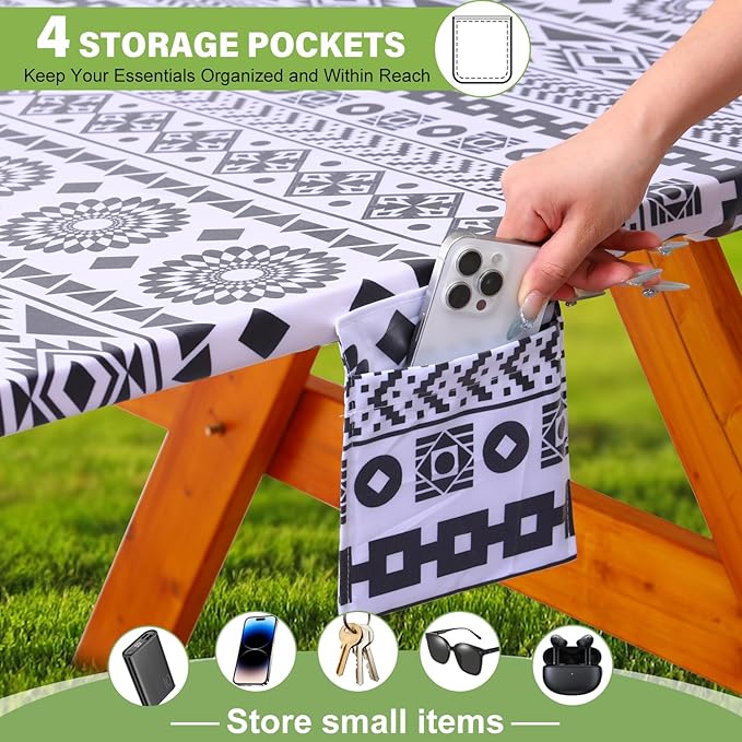 Fitted Picnic Table Cover with Bench Covers Vinyl Waterproof Elastic Edges Fitted Rectangle Tables Patio Tablecloth Camping Gear and Essentials Rv Accessories Road Trip Supplies Car Travel Must Haves