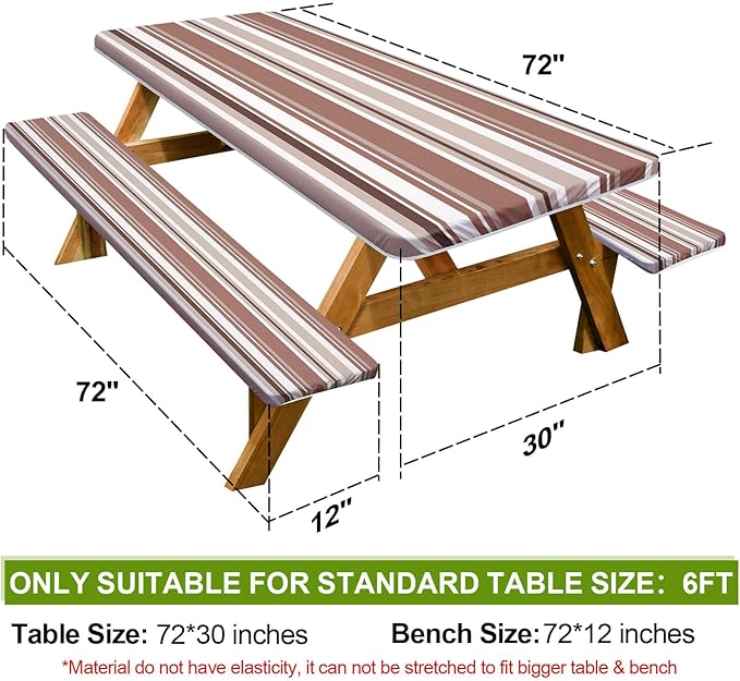 Picnic Table Cover with Bench Covers Camping Essentials Waterproof Windproof Camping Tablecloth with Drawstring Bag, Fitted Rectangle Tables and Seats, 72in, Brown Stripe