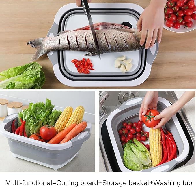 Camping Collapsible Cutting Board Dish Basin BBQ Prep Tub Camp Sink Dish Washing Station Multifunctional Storage Basket(Grey white)