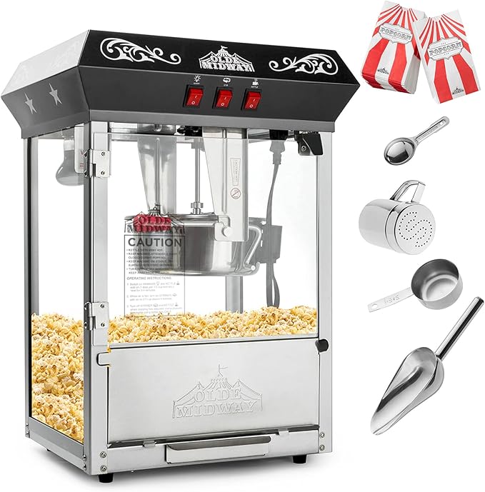 Olde Midway Bar Style Popcorn Machine Maker Popper with 8-Ounce Kettle - Black