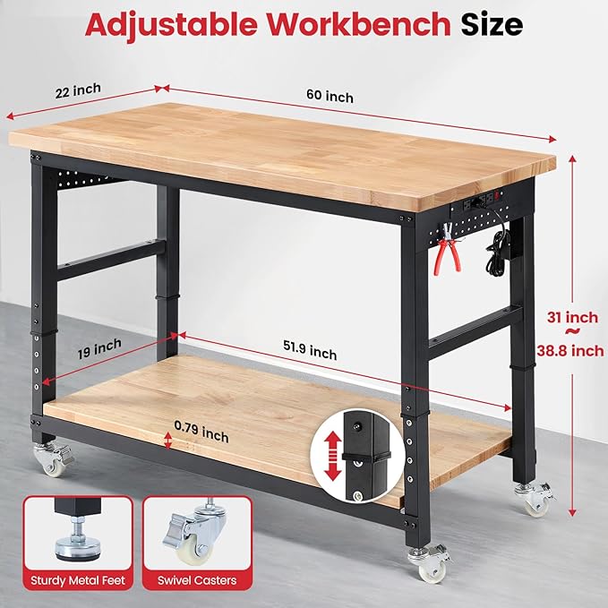 Work Bench for Garage Adjustable Workbenches with Storage 60 Inch Garage Workbench with Under Table Shelf, Pegboard, Power Outlets for Woodworking, Home, Office, Workshop