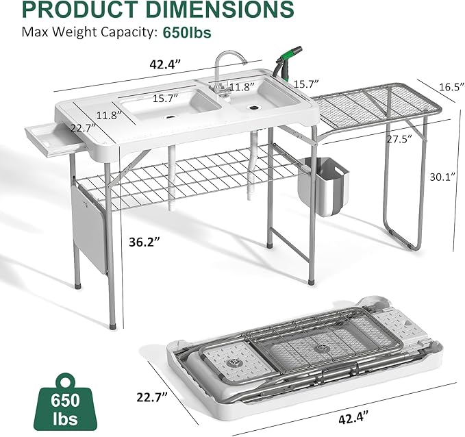 42.5" Fish Cleaning Table with Dual Sink, Portable Folding Camping Table with Foldable Extension Stand, Faucet, Sprayer, Grid Rack, Hose Hook Up & Knife Groove, Outdoor Sink Station for Picnic