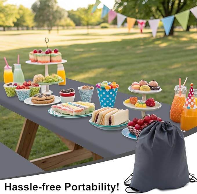 Smiry Picnic Table Cover with Bench Covers, Waterproof Elastic Fitted Polyester Tablecloths for 8 Ft Rectangle Tables, Washable Windproof Tablecloth for Camping, RV & Outdoor (Grey, 30x96 Inches)