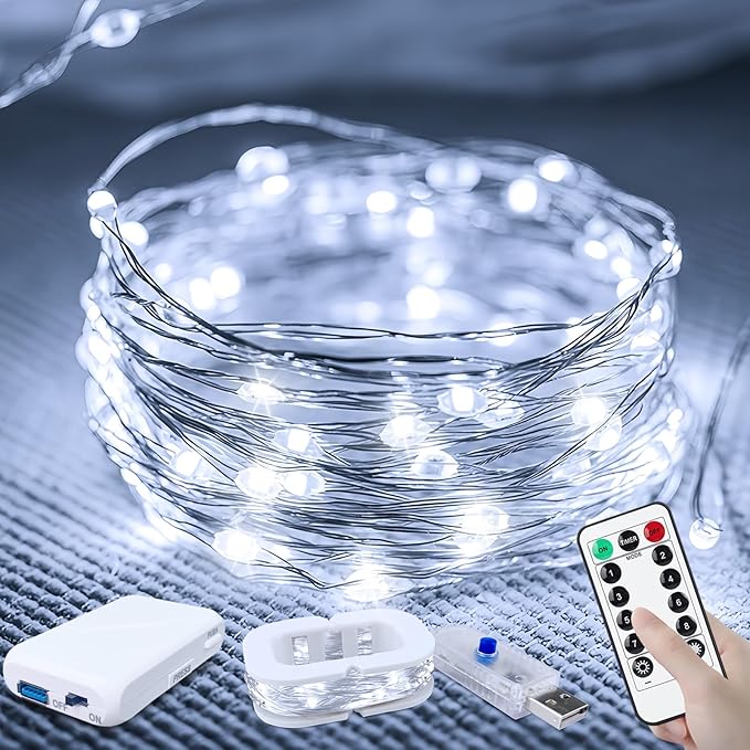 50LED Fairy Lights USB & Battery Powered, 16FT White Fairy String Lights with 8 Modes & Timer, Cuttable Copper Wire Waterproof Twinkle Light Indoor Outdoor for Bedroom Wedding Party Christmas Decor