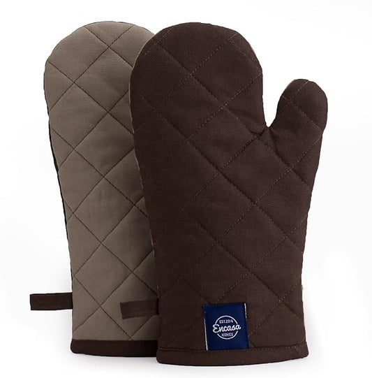 Encasa XO Heat Resistant Cotton Oven Gloves Mitts (2 Pc Set) - Quilted & Safe 12x6.6 in - for Kitchen, Cooking & Baking, Grilling, Handling Hot Pots & Pans - Dark Taupe & Beige