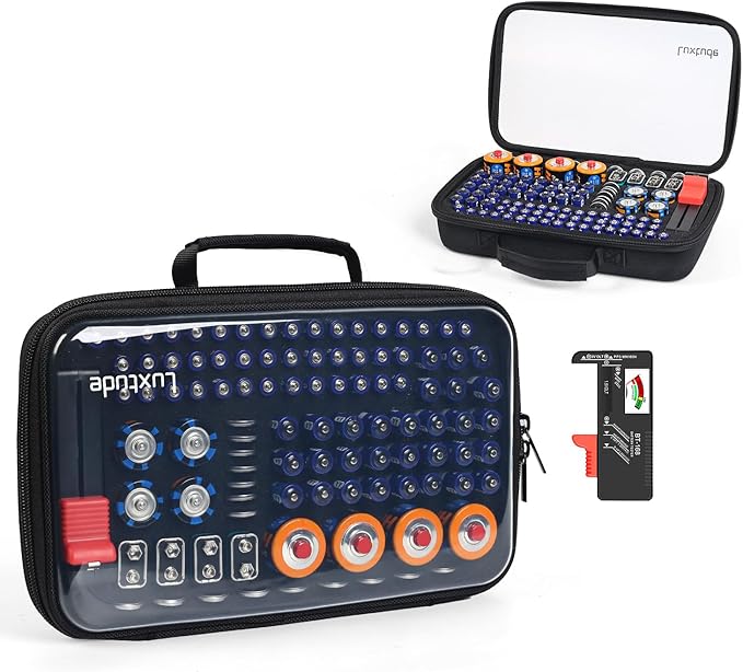 Luxtude Battery Organizer Storage Case with Tester, Clear Batteries Storage Organizers Holds 102 PCS, Hard Battery Holder Organizers, Drawer Caddy & Daddy,Camping Accessories (Batteries Not Included)