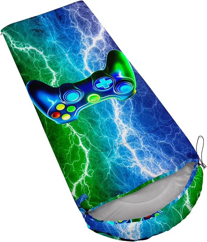 Axolotl Blue Gamepad Sleeping Bag,Waterproof Lightweight Gaming Sleeping Bag Game Console Camping Bag for Boys Teens,Warm and Cool Weather Green Portable Sleeping Bag for Camping Outdoor Indoor