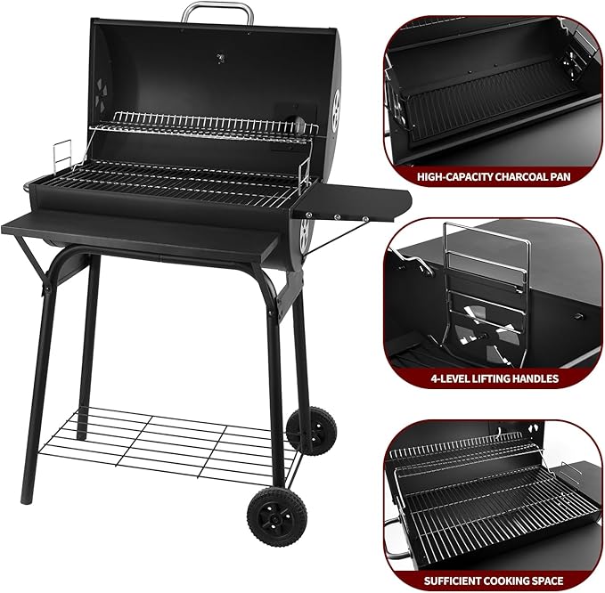 Charcoal Grills Outdoor BBQ Grill 30INCH Barrel Charcoal Grill with Side Table, 627 Square Inches, Outdoor Backyard Camping Picnics, Patio and Parties, Black by DNKMOR
