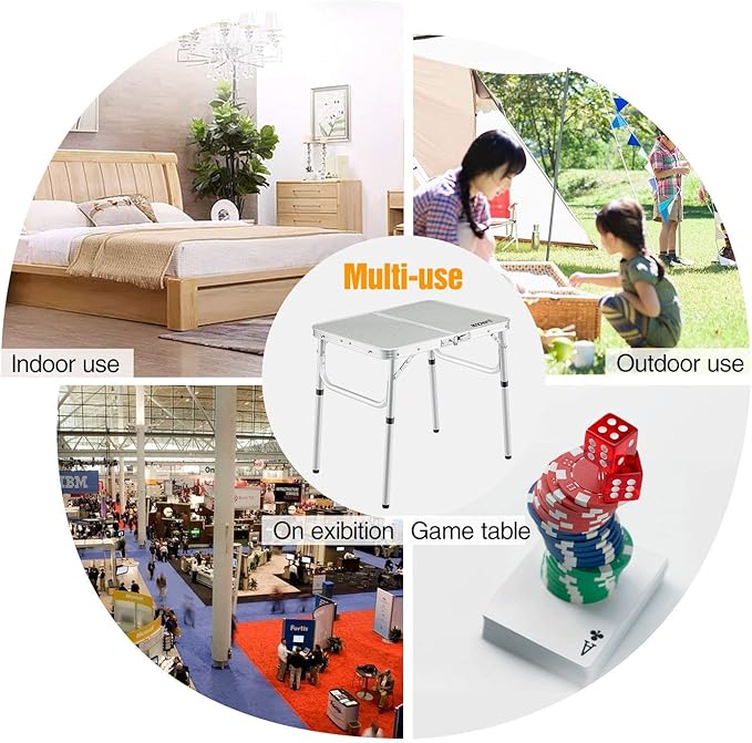 REDCAMP Small Camping Table 2 Foot, Portable Aluminum Folding Table Adjustable Height Lightweight for Picnic Beach Outdoor Indoor, White 24 x 16 inch