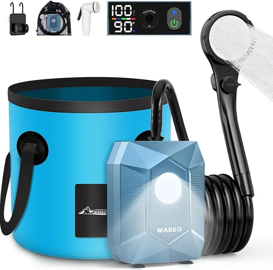 WADEO Portable Shower for Camping, Outdoor Electric Shower Rechargeable Pump with 20L Collapsible Bucket, Camping Shower Light for Camping, Hiking, Traveling, Washing