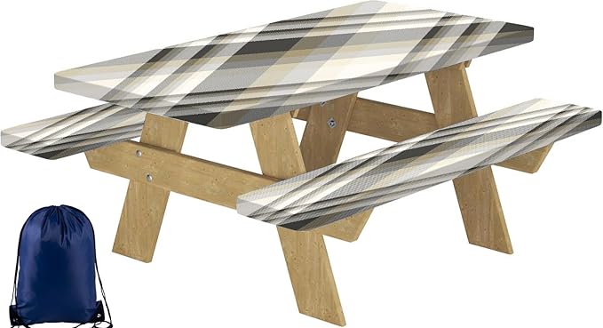 CAPSCEOLL Picnic Table Cover with Bench Covers 8Ft Farm Plaid Waterproof Camping Tablecloth All-Weather Outdoor Table Protector with Drawstring Bag for Camping Essentials, 96X30In, Grey White