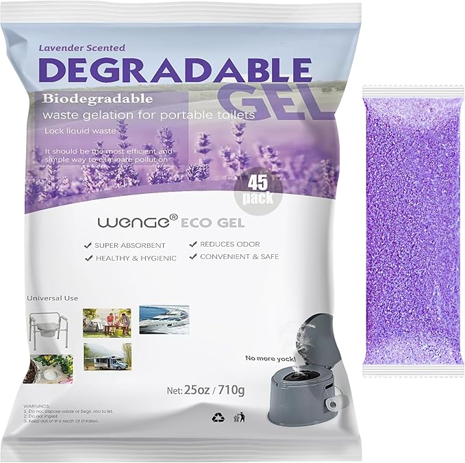 Wenge Urine Super Absorbent, 45Pack Lavender Scent Portable Toilet Powder Solidify Body Fluids in 1 Min, Easy to Port Waste Liquid, for Camping Portable Toilet, Solidifies Urine & Diarrhea in Pet Loo