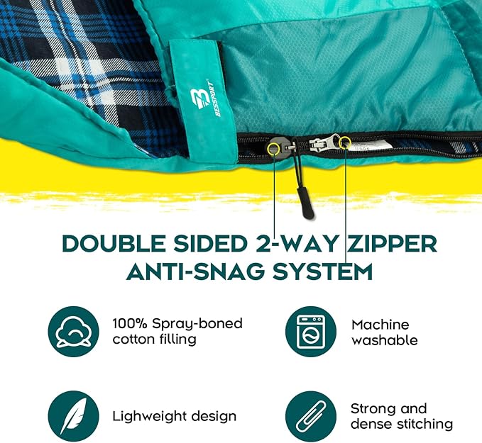 Bessport Sleeping Bag Winter | Flannel Lined 18℉ - 32℉ Extreme 3-4 Season Warm & Cool Weather Adult Sleeping Bags Large | Lightweight, Waterproof for Camping, Backpacking, Hiking