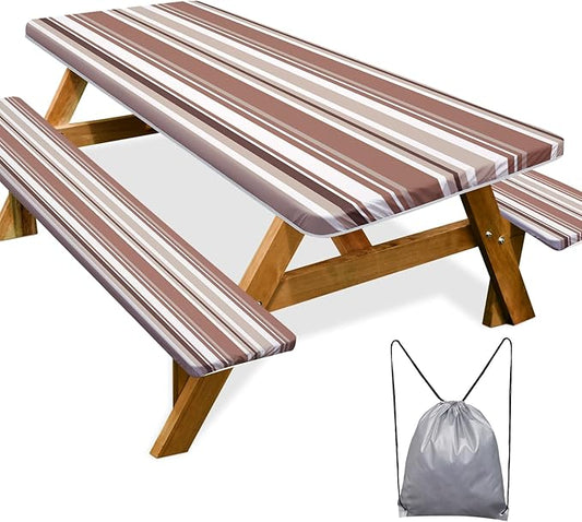 Picnic Table Cover with Bench Covers Camping Essentials Waterproof Windproof Camping Tablecloth with Drawstring Bag, Fitted Rectangle Tables and Seats, 72in, Brown Stripe