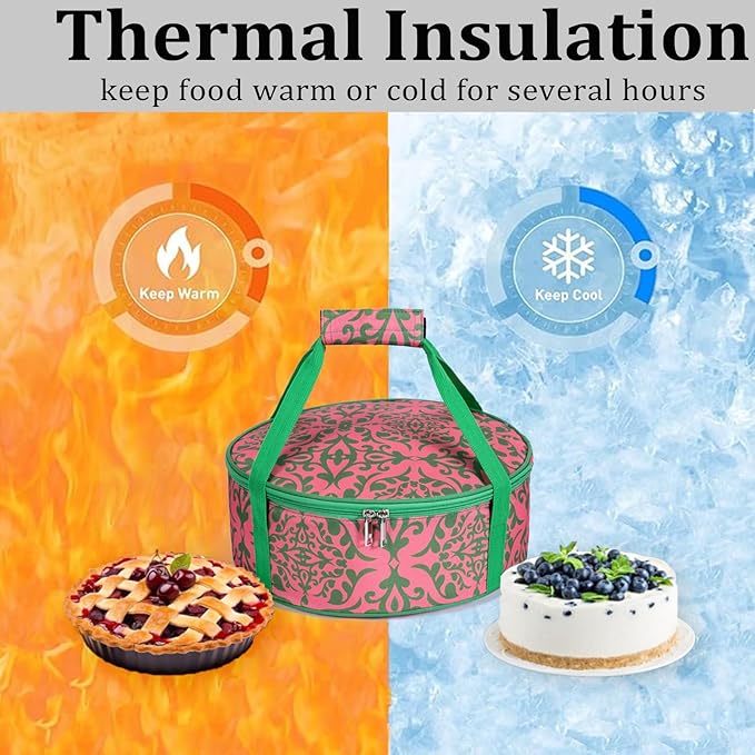 Round Portable Insulated Thermal Dish Carrier Bag for Pie and Cake Transport to Keep Food Hot/Cold/Fresh for Lunch, Potlucks Parties Gathering,Cookouts,Church Dinner,Outdoor Events-Pink