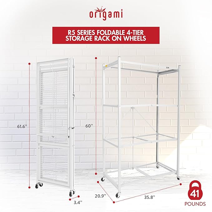 Origami 2-Pack R5 Storage Rack, 4-Tier Heavy-Duty Foldable Steel Shelf with Wheels, White