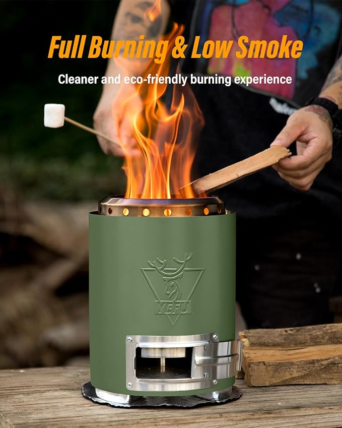 YEFU Tabletop Fire Pit 9.7 x 7.1 in, Flame Intensity Control Camping Stove for Outdoor & Patio, Fueled by Pellets or Wood, Safe Burning Table Top Firepit, with Travel Bag & 2 Mini Sticks, Green