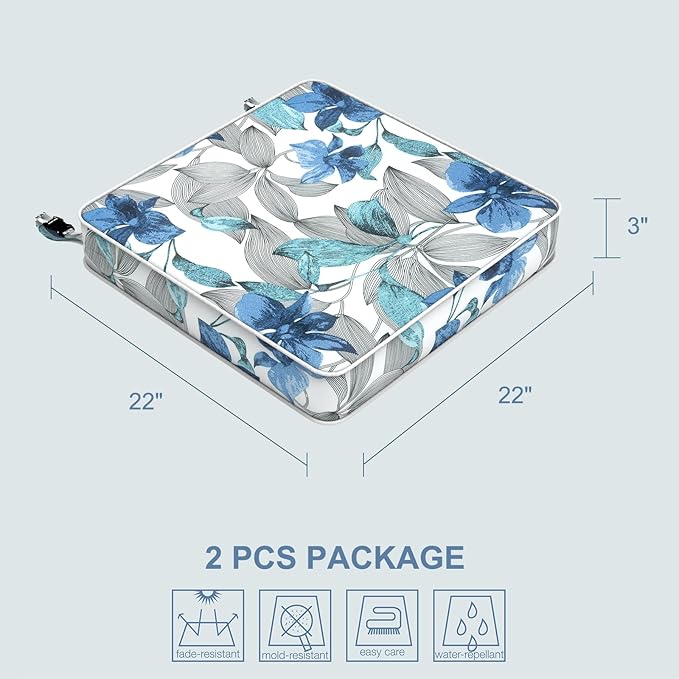 LVTXIII Patio Chair Cushions 22"x22"x3", Water-Repellent Outdoor Seat Cushions for Patio Furniture, Square Chair Pads with Ties for Home Garden Decoration, Set of 2, Clemens Noir Blue